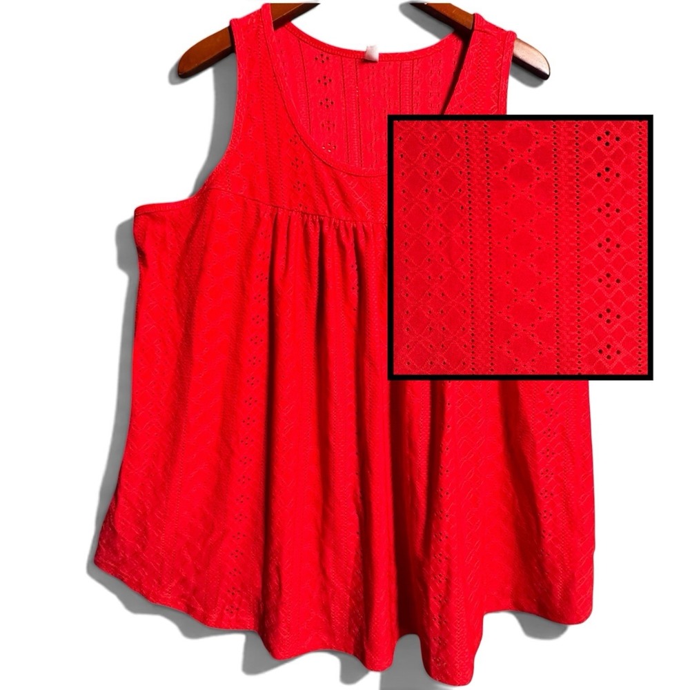 Red Eyelet Tunic 2X Tank Top Flowy Flowy Babydoll Scoop Neck High Low Boho